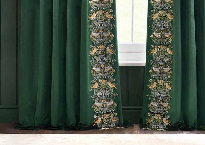 Strawberry Thief Embroidery Pencil Pleat, Forest Green - Ready Made Curtains - Image 6